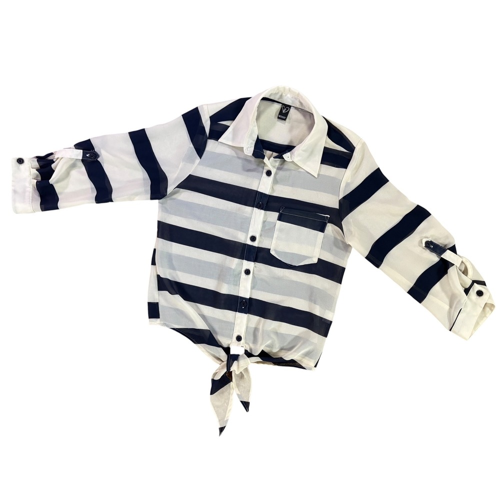 Windsor Navy & Ivory Striped Sheer 3/4 Sleeve Tie-Front Blouse Medium